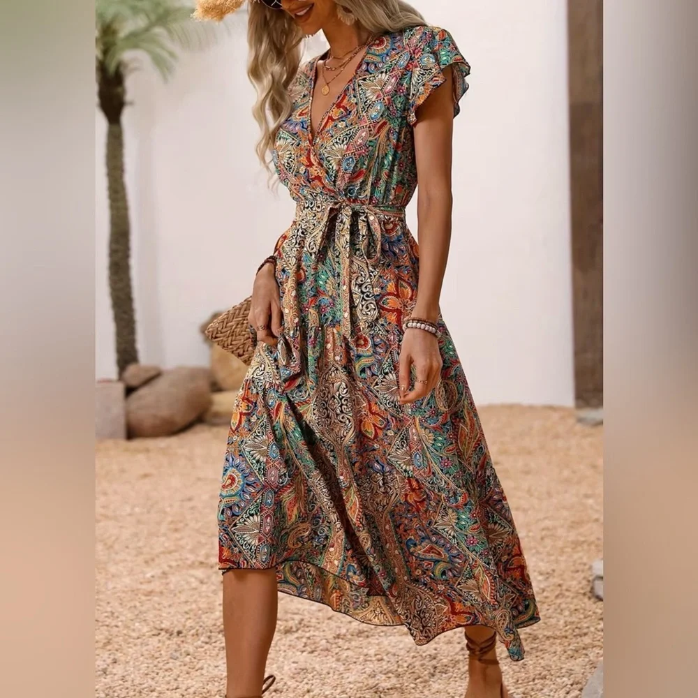 Floral Boho Faux V Neck Wrap Tie Midi Dress New Boutique - Picture 5 of 5